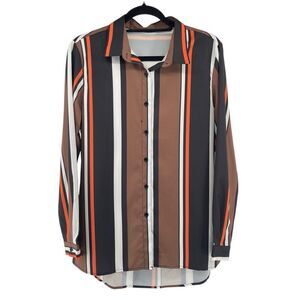 Women’s Brown Black Orange Striped Button Front Collared Blouse M | Fall Top